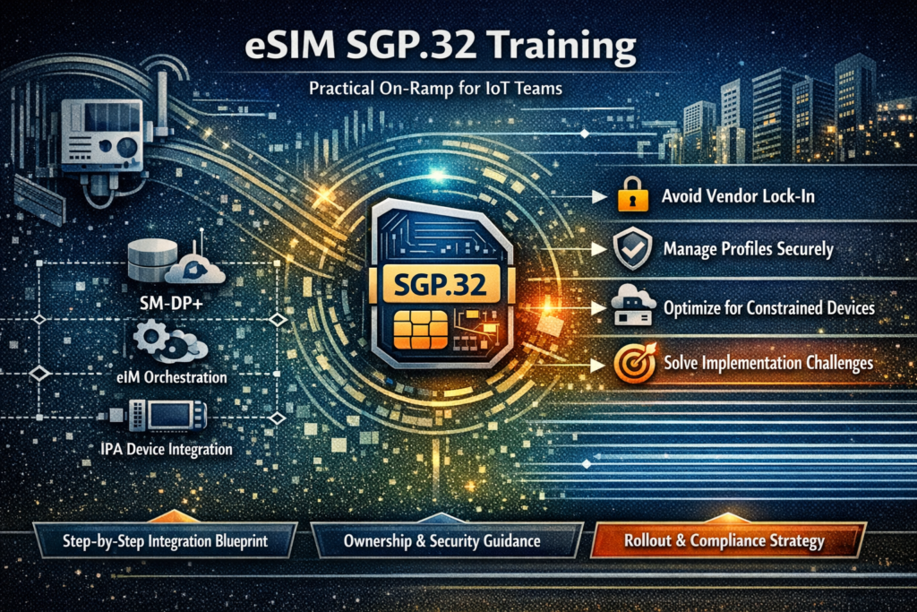 eSIM SGP.32 Training graphic highlighting vendor lock-in avoidance, secure profile management, constrained device optimization, and implementation guidance